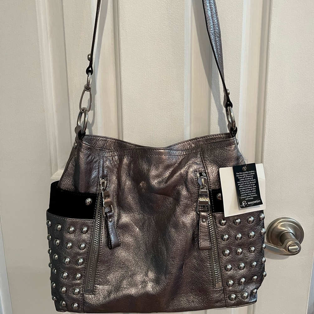 B. Makowsky Vintage Metallic Studded Shoulder Bag